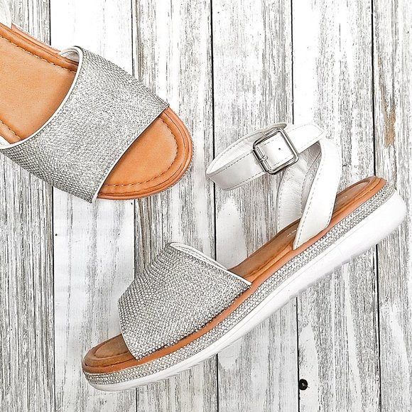 New White Rhinestone Ankle Strap Flat Sandals - Picture 1 of 4